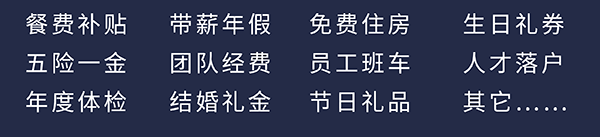 w66国际·利来员工福利：餐费补贴、五险一金、年度体检、带薪年假、团队经费、结婚礼金、免费住房、员工班车、节日礼品、生日礼券、人才落户、其它……